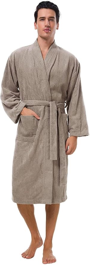 SIORO Mens Robe Terry Cloth Kimono Bathrobe Cotton Soft Shower Towel Bath Robes Calf Length Housecoat for Spa Hotel Hot Tub