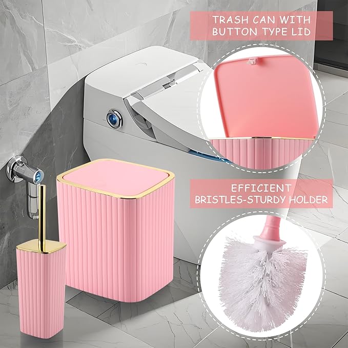 Pink Bathroom Set with Shower Curtain and Rugs- 25PC Bathroom Accessory Set, Pink Shower Curtain Set, Toilet Brush, Trash Can, Qtip Holder Dispenser & Soap Dispenser