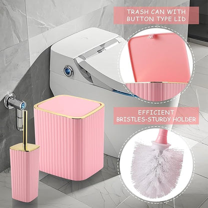 Pink Bathroom Accessories Set - Gorgeous Bathroom Set, 10PC Bathroom Accessory Set, Toilet Brush, Trash Can, Qtip Holder Dispenser & Soap Dispenser