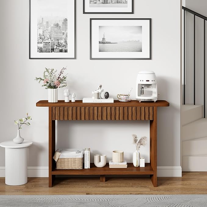 BECHAEO Mid Century Modern Console Table with Drawers, 51" Large 2-Tier Narrow Console Table with Storage Shelf, Sofa Station Behind The Couch, Accent Tables for Entryway, Hallway, Rustic Brown