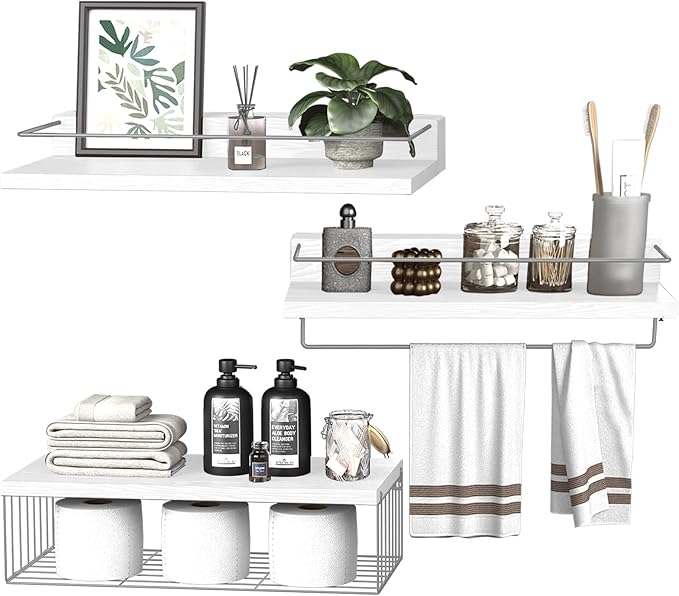 22.5 inches Bathroom Shelves Over Toilet for Wall, Floating Shelves with Storage Basket Paper Holer for Kitchen Living Room, Bedroom & Classroom, Set of 3 (White and Grey)