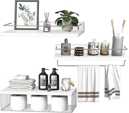 22.5 inches Bathroom Shelves Over Toilet for Wall, Floating Shelves with Storage Basket Paper Holer for Kitchen Living Room, Bedroom & Classroom, Set of 3 (White and Grey)