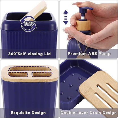 32PCS Bathroom Sets with Shower Curtain and Rugs Navy Blue Shower Curtain Set 3PCS Soap Dispenser Bathroom Accessories with Bathroom Trash Can