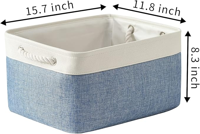 TcaFmac Storage Bins for Organization - Large 3 Pack Canvas Storage Basket for Shelves with Handles, Collapsible Baskets for Organizing for Closet Dog Laundry (White & Blue16x12x8 inch)