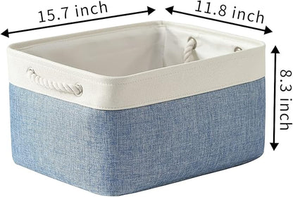 TcaFmac Storage Bins for Organization - Large 3 Pack Canvas Storage Basket for Shelves with Handles, Collapsible Baskets for Organizing for Closet Dog Laundry (White & Blue16x12x8 inch)