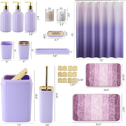 32PCS Bathroom Set Bathroom Sets with Shower Curtain and Rugs Purple Bathroom Accessories,Shower Curtain Set,Bathroom Rug Set with Bathroom Trash Can