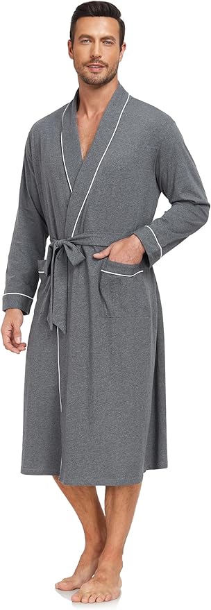 COLORFULLEAF Mens 100% Cotton Robes Lightweight Summer Long Bathrobe Sleepwear Soft Knit Spa Robe with Pockets