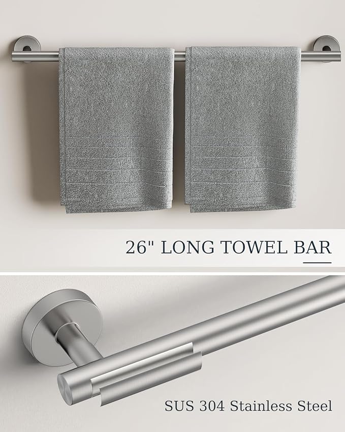 Brushed Ncikel Bathroom Hardware Set 10 Pieces, Stainless Steel Towel Bar Set Includes 26 inch Towel Bar, 4 Towel Hook, 2 Towel Ring Toilet Paper Holder