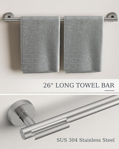 Brushed Ncikel Bathroom Hardware Set 10 Pieces, Stainless Steel Towel Bar Set Includes 26 inch Towel Bar, 4 Towel Hook, 2 Towel Ring Toilet Paper Holder