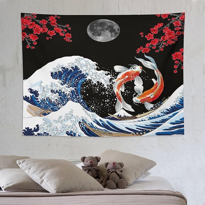 Houselerax Japanese Koi Fish Tapestry, Yin Yang Big Wave Red Cherry Blossom Tapestries Wall Hanging for Bedroom Living Room Office Decor 80"x60"