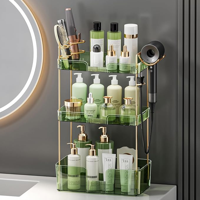 Bathroom Counter Organizer with Hair Dryer Holder, Hair Tool Countertop Storage, Cosmetics Skincare Shelf Organizer, Makeup Organizer Perfume for Dresser Vanity Tray(3 Tier-Green)