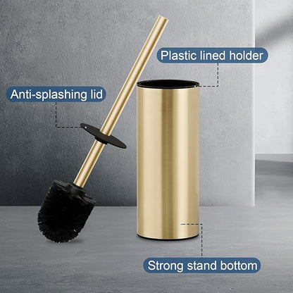 Toilet Brush and Holder Set, NEWRAIN 304 Stainless Steel Toilet Brush with Long Brush Handle, Brushed Gold Toilet Scrubber and Covered Holder, Round Design Sturdy and Space Saving, Covered Brush