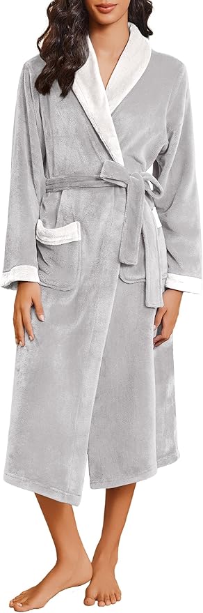 Ekouaer Robes for Women Soft Long Bathrobe Lightweight Fleece Shawl Collar Spa Robe Cozy Sleepwear with Pockets S-XXL
