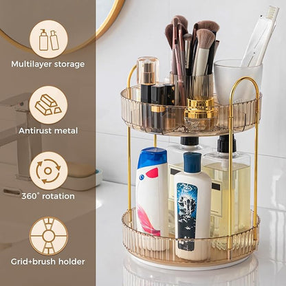 360° Rotating Makeup Organizer, Upgraded 2 Tier Skincare Perfume Organizers for Women, Bathroom Organizer Countertop, Clear Cosmetic Dresser Organizer with Makeup Brush Holder, Sink&Counter(Amber)