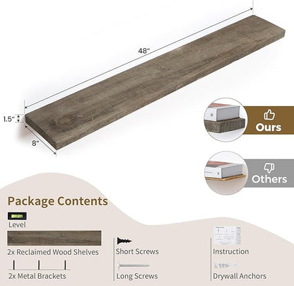Solid Reclaimed Wood Floating Shelf 48inches Width and 8 inches Depth, Rustic Reclaimed Barnwood Wall Hanging Shelves with Invisible Heavy-Duty Metal Bracket，Cement Grey