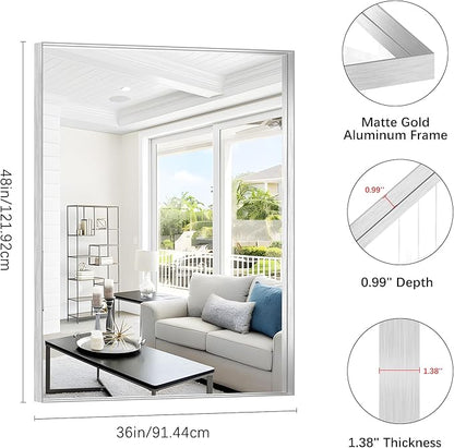 Silver Bathroom Mirror, 36x48 Inch Rectangular Deep Frame Mirror, Large Wall Mounted Bathroom Vanity Mirror Over Sink for Bedroom,Restroom, Living Room, Hangs Vertically or Horizontally