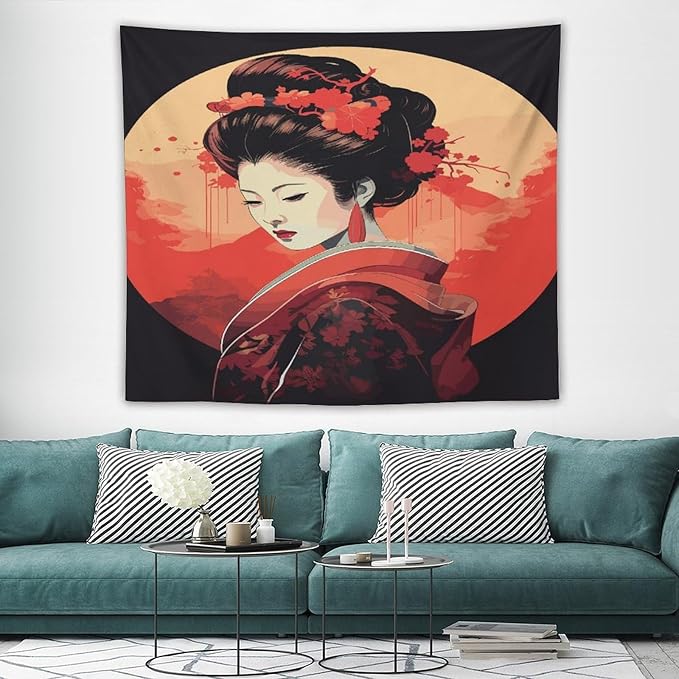Japanese Woman Geisha Tapestry Asian Cherry Blossom Red Sun Traditional Kimono Folk Tapestries Home Decor for Living Room Bedroom Apartment Farmhouse Dorm 60"x50"