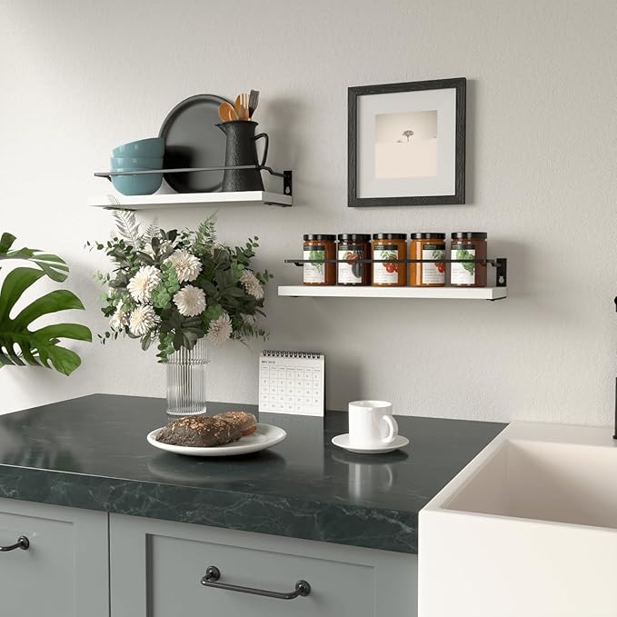 RICHER HOUSE White Bathroom Shelves, Small Floating Wall Mounted Shelf for Bathroom Decor, Guard-Rail Wood Shelving Organizer Over Toilet Kitchen Storage Shelves Set of 2 - White