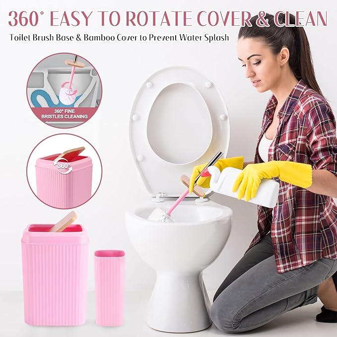 Pink Bathroom Accessories Set 17PCS Bathroom Set with Trash Can 3PCS Lotion Soap Dispenser, Toothbrush Holder, Soap Dish,Tumbler Cup,6PCS Wood Tags Bath Accessories with Tray for Kitchen Bathroom