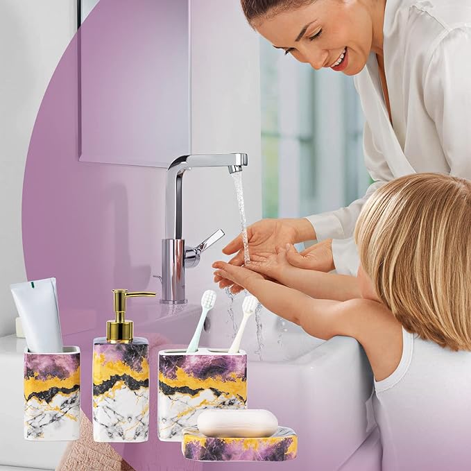 4 Piece Bathroom Accessories Set - Purple Bathroom Accessory Sets Includes Lotion Dispenser, Toothbrush Holder Tumbler, and Soap Dish - Glossy Finish (Marble, Purple)