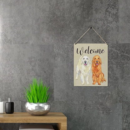 Qious Welcome Sign Gift Farmhouse Welcome Golden Retriever Wooden Hanging Sign Plaque Modern Wall Art Decor for Home Decoration 10 x 8 Inches