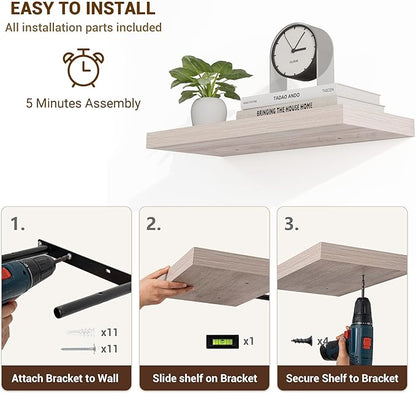 16 Inch Floating Shelves, 3D Textured Wood Grain, 16"x9.25"x1.5" Inch Deep Floating Shelves for Wall, Wooden Shelves for Bathroom, Bedroom, Living Room, Washed White, 2 Pieces