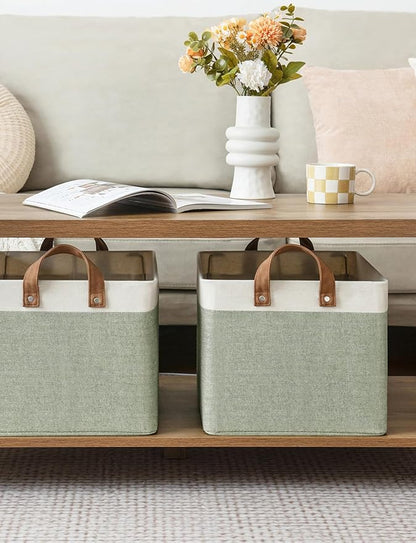 StorageWorks Storage Bins, Fabric Storage Bins for Shelves, Large Storage Baskets with Metal Frame, Closet Baskets and Bins with Handles, Green and White, 2-Pack