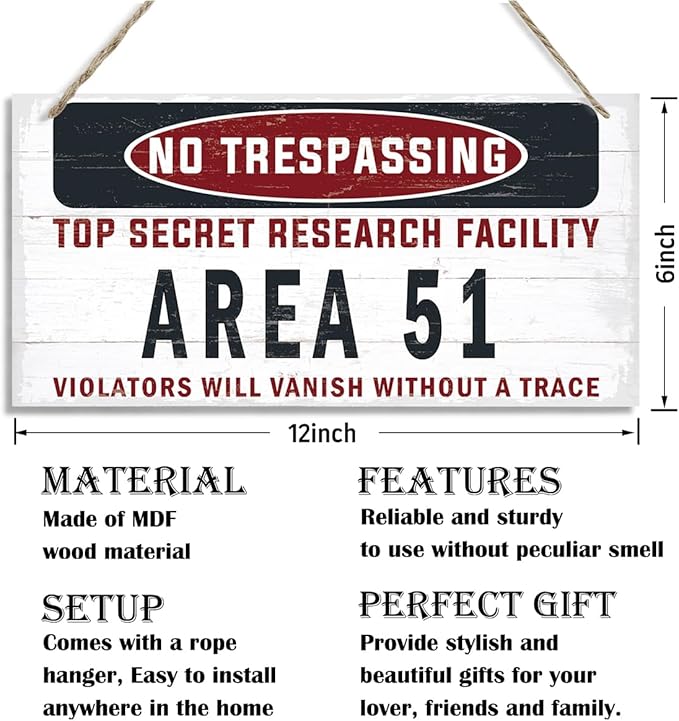 Warning Sign, Area 51 No Trespassing Warning Wood Plaque Sign, Funny Door Signs, Decorative Wood Hanging Suspension Plaque, Farmhouse Wooden Wall Decor