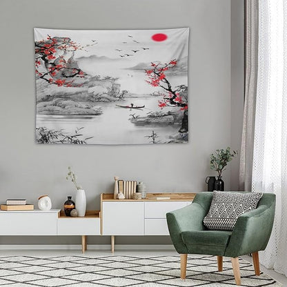 Cherry Blossoms Tapestry, Japanese Red Landscape Watercolor Abstract Art, Asian Japanese Wall Tapestry, Nature Landscape Tapestries for Bedroom Living Room Decor 40"x30"
