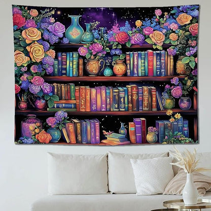 keowhsf Pink Purple Flower Bookshelf Wall Tapestry Colorful Tapestries for Bedroom Aesthetic Floral Tapestry Wall Hanging Cute Girl Bedroom Decor