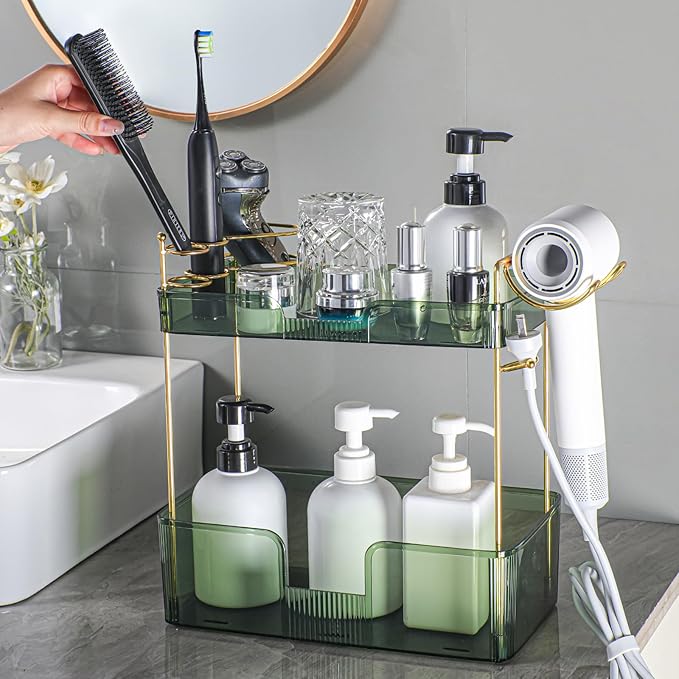 Bathroom Counter Organizer with Hair Dryer Holder, Hair Tool Countertop Storage, Cosmetics Skincare Shelf Organizer, Makeup Organizer Perfume for Dresser Vanity Tray(2 Tier-Green)