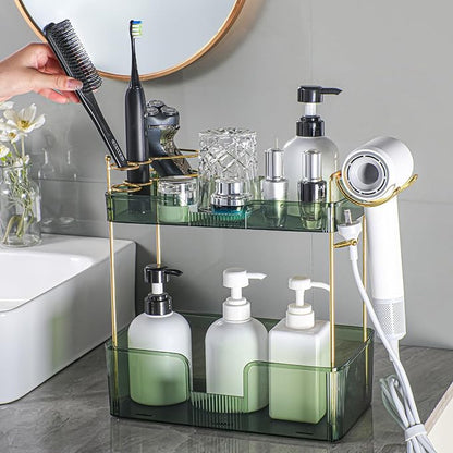 Bathroom Counter Organizer with Hair Dryer Holder, Hair Tool Countertop Storage, Cosmetics Skincare Shelf Organizer, Makeup Organizer Perfume for Dresser Vanity Tray(2 Tier-Green)