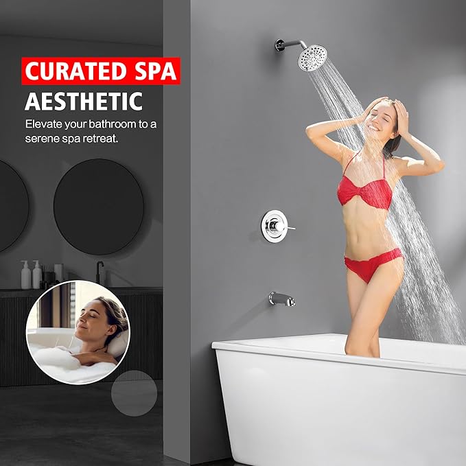 sumerain Tub and Shower Faucet Set with 6-Setting Shower Head, Modern Wall Mounted Tub Shower Systems with Valve and Trim Kit,Chrome