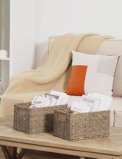 StorageWorks Wicker Storage Basket for Organizing, Medium Seagrass Storage Baskets with Built-in Handles for Pantry, Shelves,2-Pack