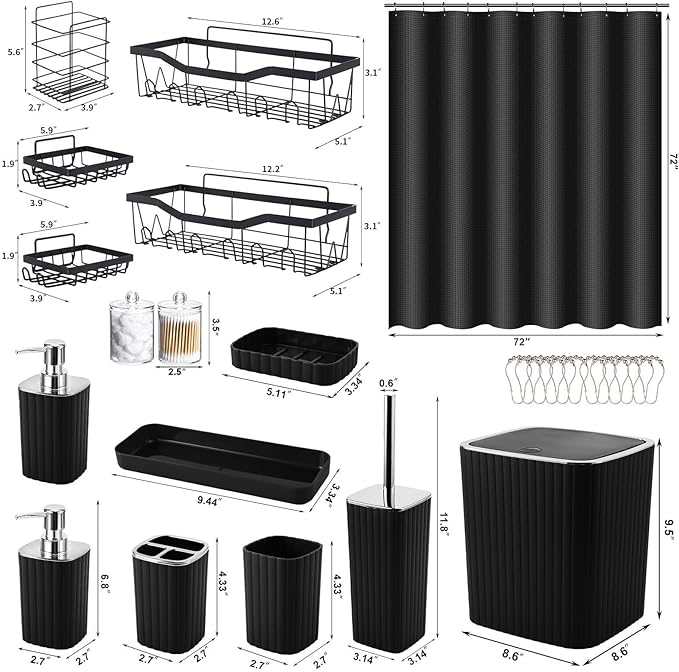 28PC Bathroom Set - Gorgeous Black Bathroom Set, Bathroom Accessory Set, Black Shower Curtain Set with Shower Caddy
