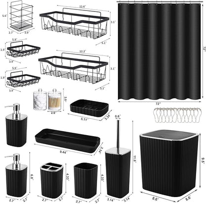 28PC Bathroom Set - Gorgeous Black Bathroom Set, Bathroom Accessory Set, Black Shower Curtain Set with Shower Caddy