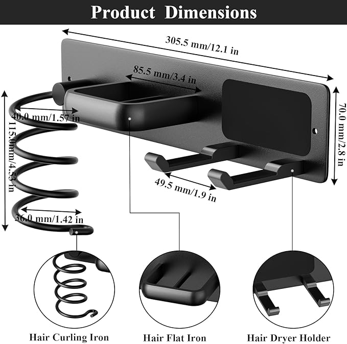 Tindbea Hair Dryer Holder Curling Iron Holder Flat Iron, Blow Dryer Holder Wall Mount, 3 in 1 Bathroom Hair Tool Organizer Rack for Universal Dryer, Matte Black
