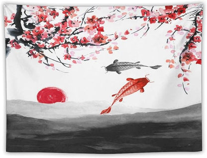 Houselerax Japanese Koi Fish Tapestries, Cherry Blossoms Asian Oriental Flower Branch Koi Fish Carp Tapestry Wall Hanging for Bedroom Living Room Office Decor 80"x60"