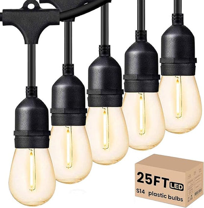 Svater Outdoor Led String Lights 25 FT, Patio Lights for Outside with 9pcs S14 Shatterproof Bulbs, 1 Watt E26 Dimmable, IP65 Waterproof, Commercial Grade Bistro Light 2700K Warm White