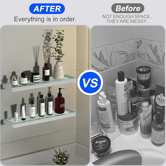 20IN Bathroom Shelves/Shelf Glass Wall Mount Floating Shelves for Bathroom Tempered Glass Rectangular 1 Tier Organizer Wall Shelf (Chrome Polished, 20'')