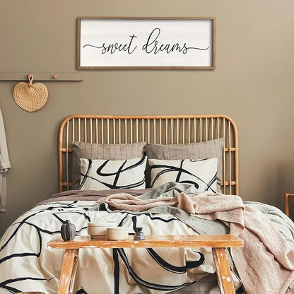 Sweet Dreams Wall Decor Above Bed 40''×15'' Master Bedroom Large Sweet Dreams Sign Farmhouse Wall Decor Guest Room Wood Rustic Framed Over Bed Wall Art Hanging Decoration (Wood White)