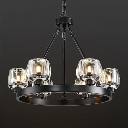 Black Wagon Wheel Chandelier, 24 Inch Black Chandeliers with Unique Glass Shade, 6-Light Crystal Farmhouse Wagon Wheel Chandeliers for Dining Room, Round Chandelier for Living Room, Foyer, Entryway