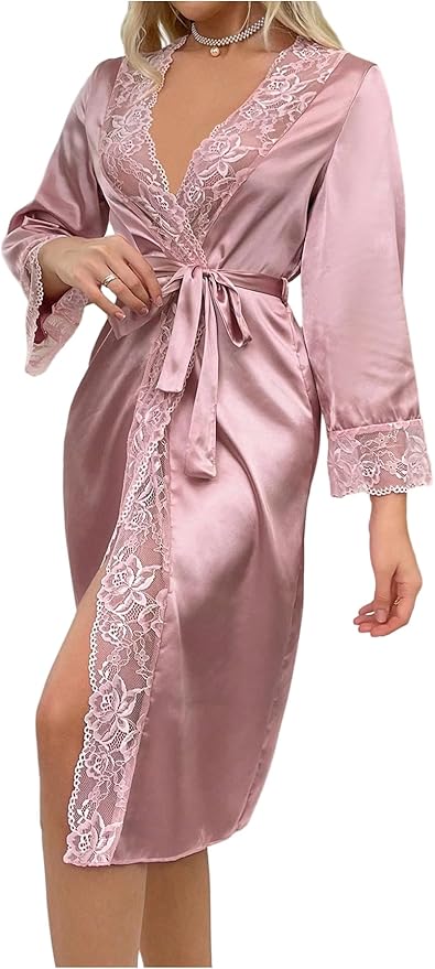 OYOANGLE Womens Silk Robe Long Lace Trim Satin Kimono Sleeve Sexy Soft Lightweight Vacation Sleepwear Robe
