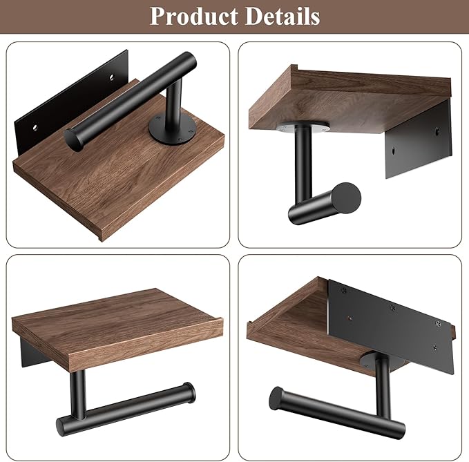 Tindbea Toilet Paper Holder with Wood Shelf, Wooden Wall Mount Tissue Paper Roll Holder, Matte Black Stainless Steel Bathroom Accessories Decor Household Home Apartment Restroom Essentials (Walnut)