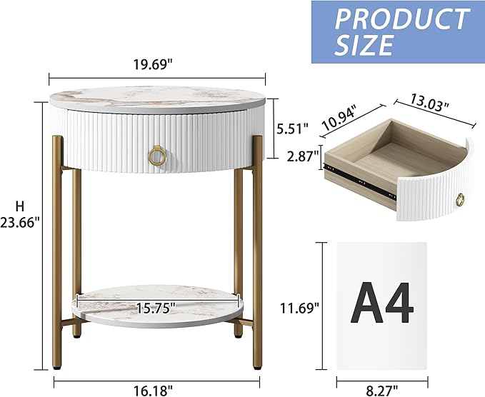 OIOG Modern End Table with Storage Drawer, Round 2-Tier Nightstand with Shelf, Gold Side Table with Metal Legs for Living Room, Bedroom, Office, Marbling Natural Stone/Gold