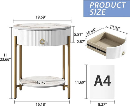 OIOG Modern End Table with Storage Drawer, Round 2-Tier Nightstand with Shelf, Gold Side Table with Metal Legs for Living Room, Bedroom, Office, Marbling Natural Stone/Gold