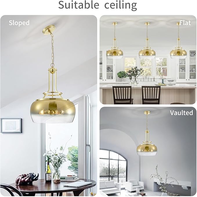 WUZUPS Gold Chandelier Rustic Farmhouse Industrial Round Ceiling Pendant LED Light Fixture with Gradient Glass Shade for Dining Room Kitchen Island Foyer Entryway, H 20.9" W 15.9", E26 Base