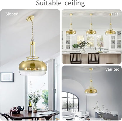 WUZUPS Gold Chandelier Rustic Farmhouse Industrial Round Ceiling Pendant LED Light Fixture with Gradient Glass Shade for Dining Room Kitchen Island Foyer Entryway, H 20.9" W 15.9", E26 Base