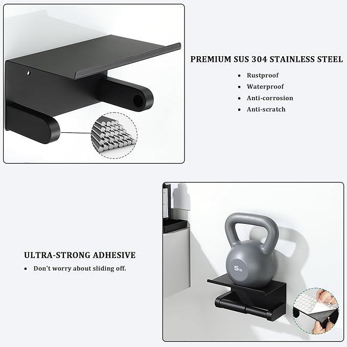 Alise Black Toilet Paper Holder,Bathroom Adhesive Toilet Paper Holder SUS304 Stainless Steel Toilet Paper Roll Holder with Shelf Spring Loaded Tissue Holder Wall Mount(Adhesive or Screw)