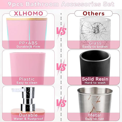 Bathroom Accessories Set, 9 Piece Pink Bathroom Decor Sets with Trash Can,Toothbrush Holder,Toothbrush Cup,Lotion Soap Dispenser,Vanity Tray,Soap Dish,Toilet Brush,Qtip Holder